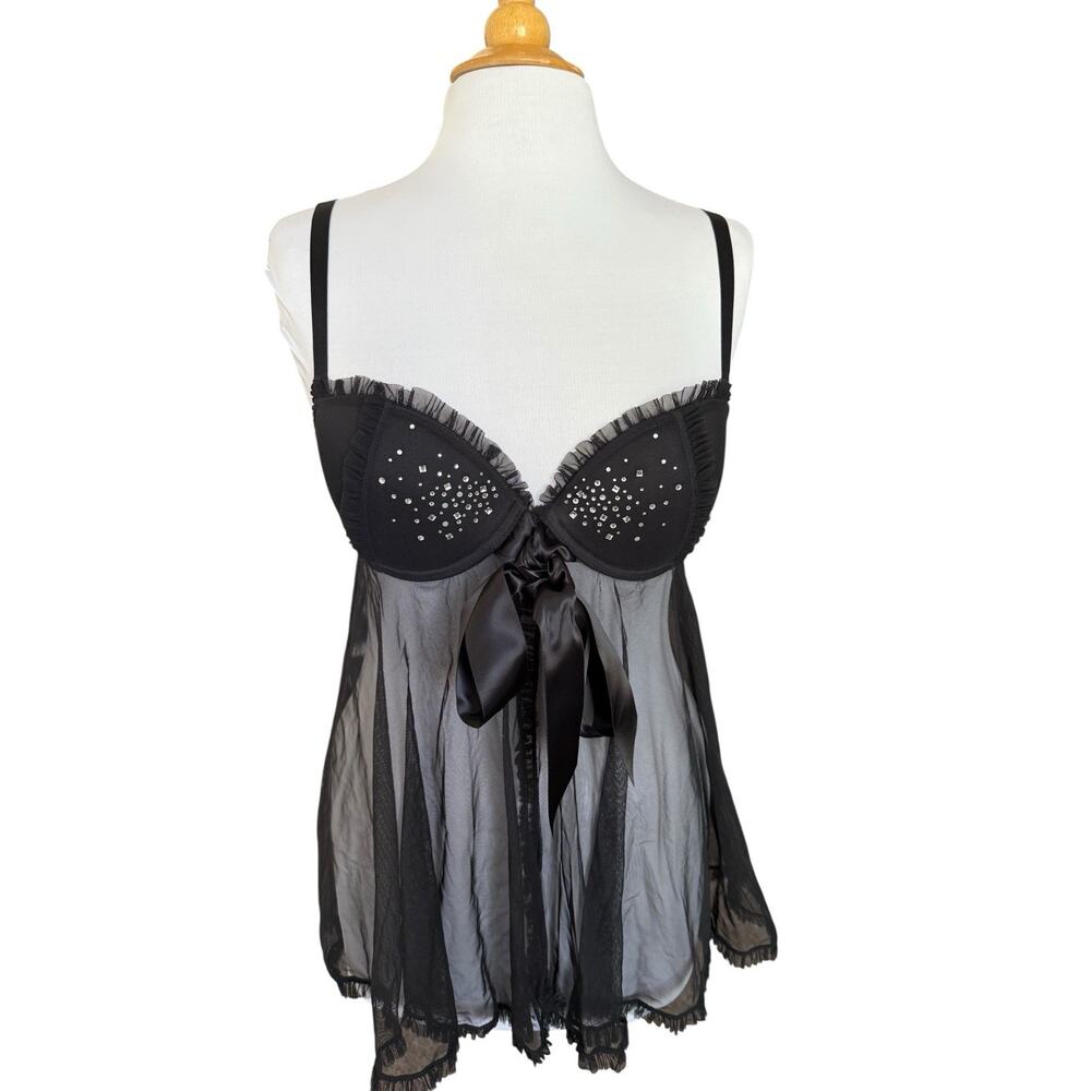 Victoria's Secret Sexy Little Things Babydoll Lingerie Bow Black Rhinestones 34D - Picture 3 of 10